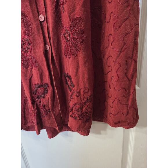 Boho 90s Brick Red Embroidered Button Front Grungy Festival Midi Dress, Medium - Picture 6 of 11